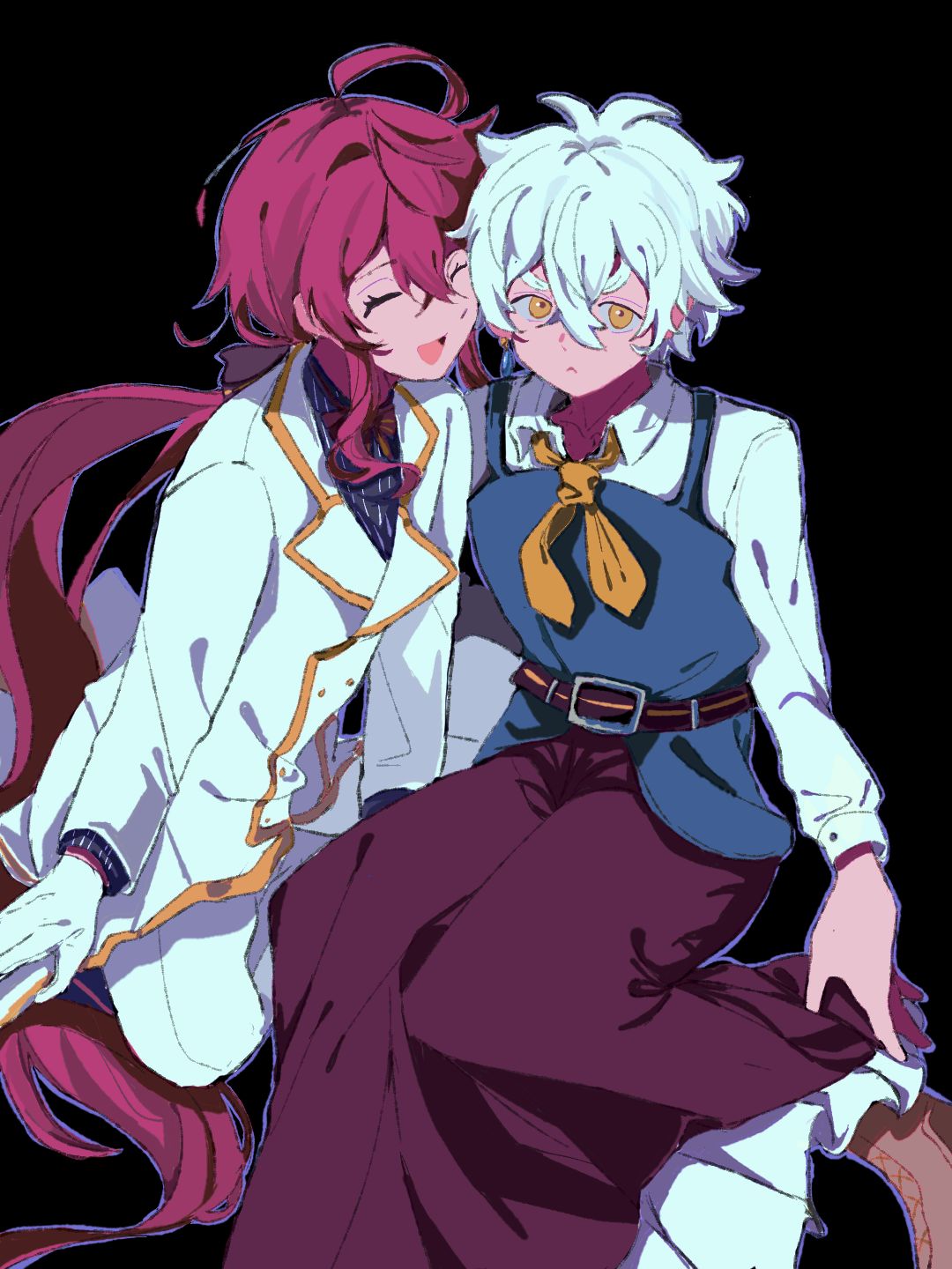 2boys, :<, ahoge, character_request, closed_eyes, closed_mouth, commentary_request, dress