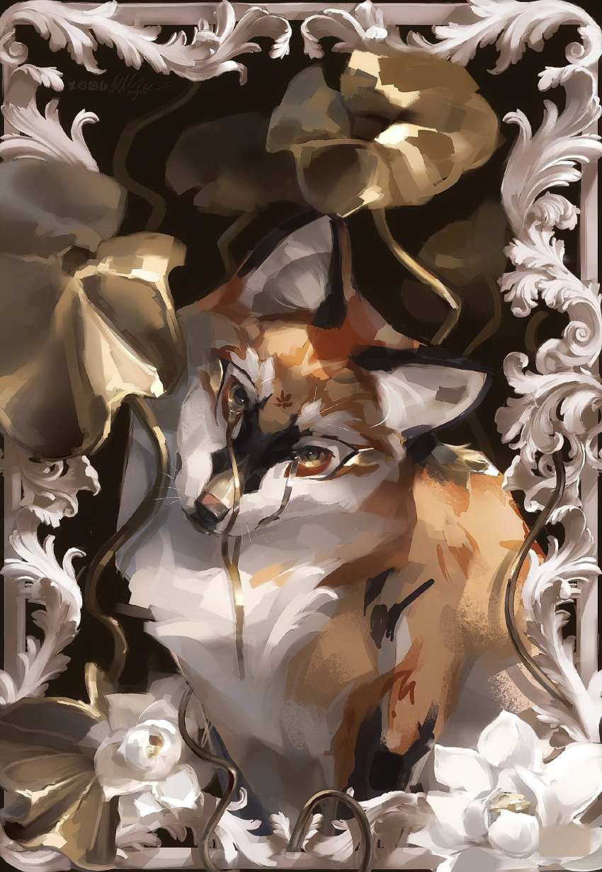 animal, animal_focus, bwspace69, flower, fox, highres, looking_at_viewer, no_humans