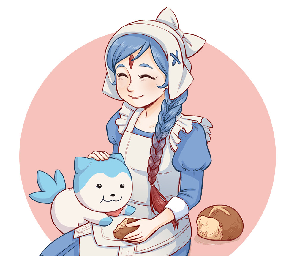 1girl, 1other, apron, bandana, bandana_around_neck, blue_fur, blue_hair, braid