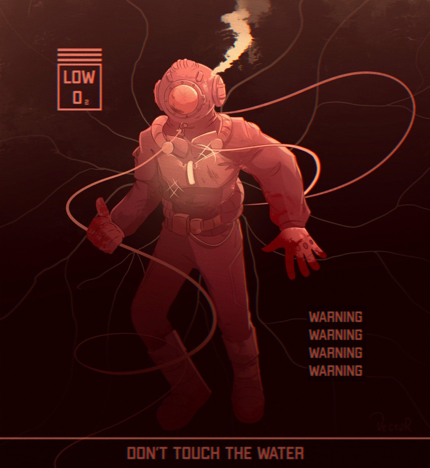 1boy, air_bubble, belt, breath, bubble, cable, covered_face, diving_mask