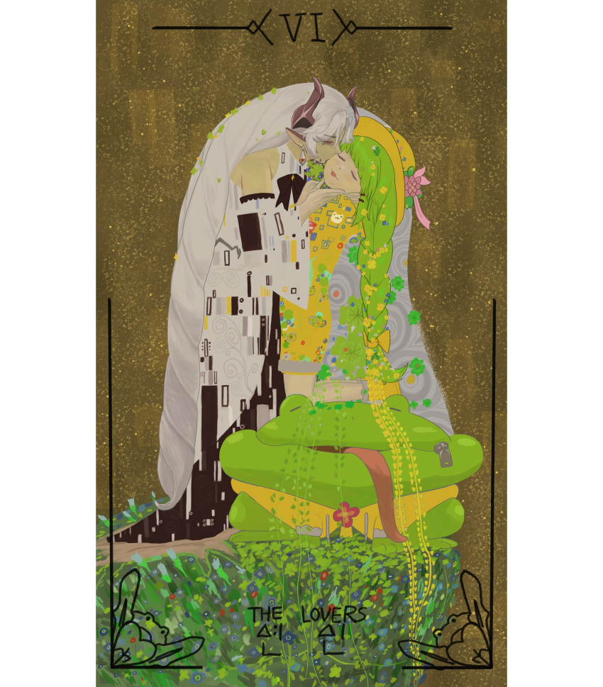 2girls, absurdres, black_ribbon, braid, brown_background, card_(medium), closed_eyes, commentary_request
