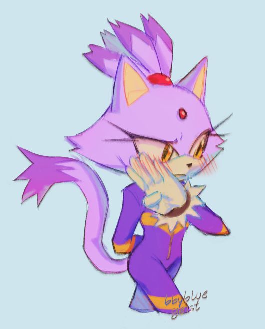 1girl, animal_ears, artist_name, bbybluegeist, blaze_the_cat, blaze_the_cat_(riders), blush, cat_ears