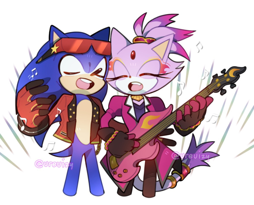 1boy, 1girl, animal_ears, artist_name, bass_guitar, blaze_the_cat, blaze_the_cat_(bassist), blue_fur