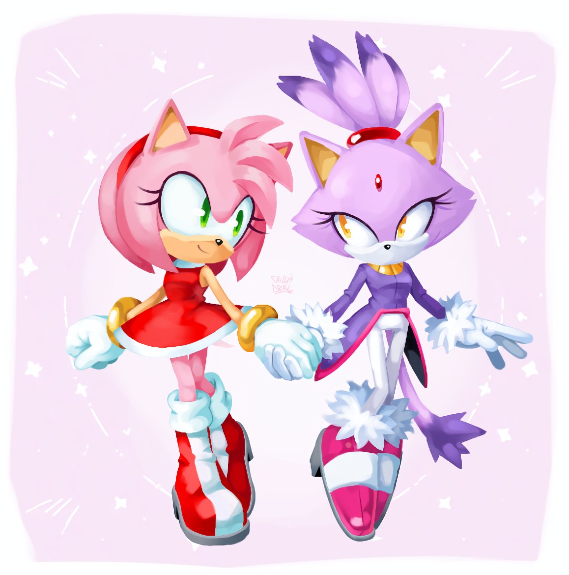 2girls, amy_rose, animal_ears, blaze_the_cat, cat_ears, cat_girl, cat_tail, draw_chill's