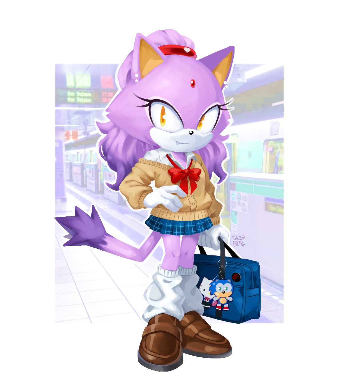 1girl, artist_name, bag, blaze_the_cat, bow, brown_shoes, collared_shirt, draw_chill's