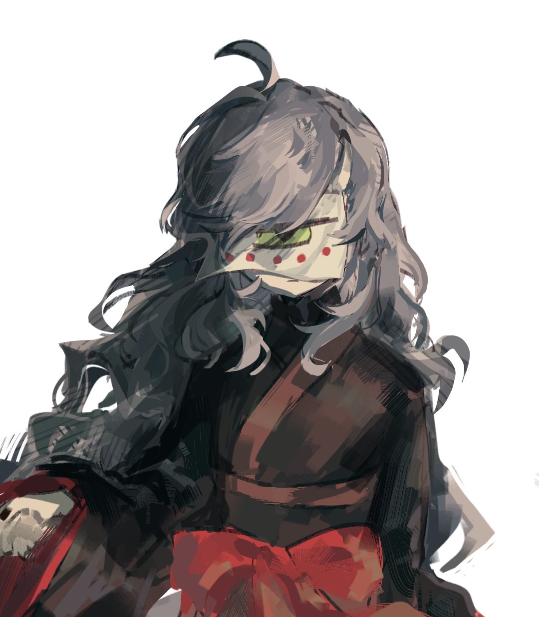 1girl, ahoge, arm_at_side, black_kimono, covered_face, facing_viewer, floating_hair, grey_hair