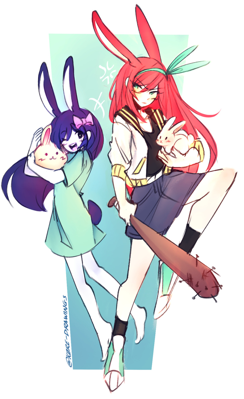 +++, 2girls, ;d, anger_vein, animal, animal_ears, ankle_socks, annoyed, aubrey_(faraway)_(omori), aubrey_(headspace)_(omori), aubrey_(omori), back-to-back, bare_arms, bare_legs, barefoot, baseball_bat, black_eyes, black_sailor_collar, black_shirt, black_socks, blue_background, blush, border, bow, bow_hairband, bright_pupils, bun-bun_(omori), closed_mouth, collarbone, colored_skin, commentary, denim, denim_skirt, double-parted_bangs, dress, dual_persona, english_commentary, forest_bunny_(omori), frown, full_body, green_dress, green_eyes, green_hairband, green_shoes, hair_between_eyes, hair_bow, hairband, hands_up, highres, holding, holding_animal, holding_baseball_bat, holding_rabbit, jacket, k0re_drawings, kemonomimi_mode, knee_up, long_hair, medium_skirt, multiple_girls, nail_(hardware), nail_bat, omori, one_eye_closed, open_clothes, open_jacket, open_mouth, outside_border, pale_skin, pink_bow, pink_hair, puffy_sleeves, purple_hair, purple_skirt, rabbit, rabbit_ears, rabbit_girl, rabbit_tail, round_teeth, sailor_collar, shirt, shoes, short_dress, short_sleeves, sidelocks, simple_background, skirt, smile, socks, standing, standing_on_one_leg, straight_hair, tail, tareme, teeth, three-quarter_sleeves, tongue, tsurime, twitter_username, upper_teeth_only, v-shaped_eyebrows, very_long_hair, white_border, white_jacket, white_pupils, white_rabbit_(animal), white_skin