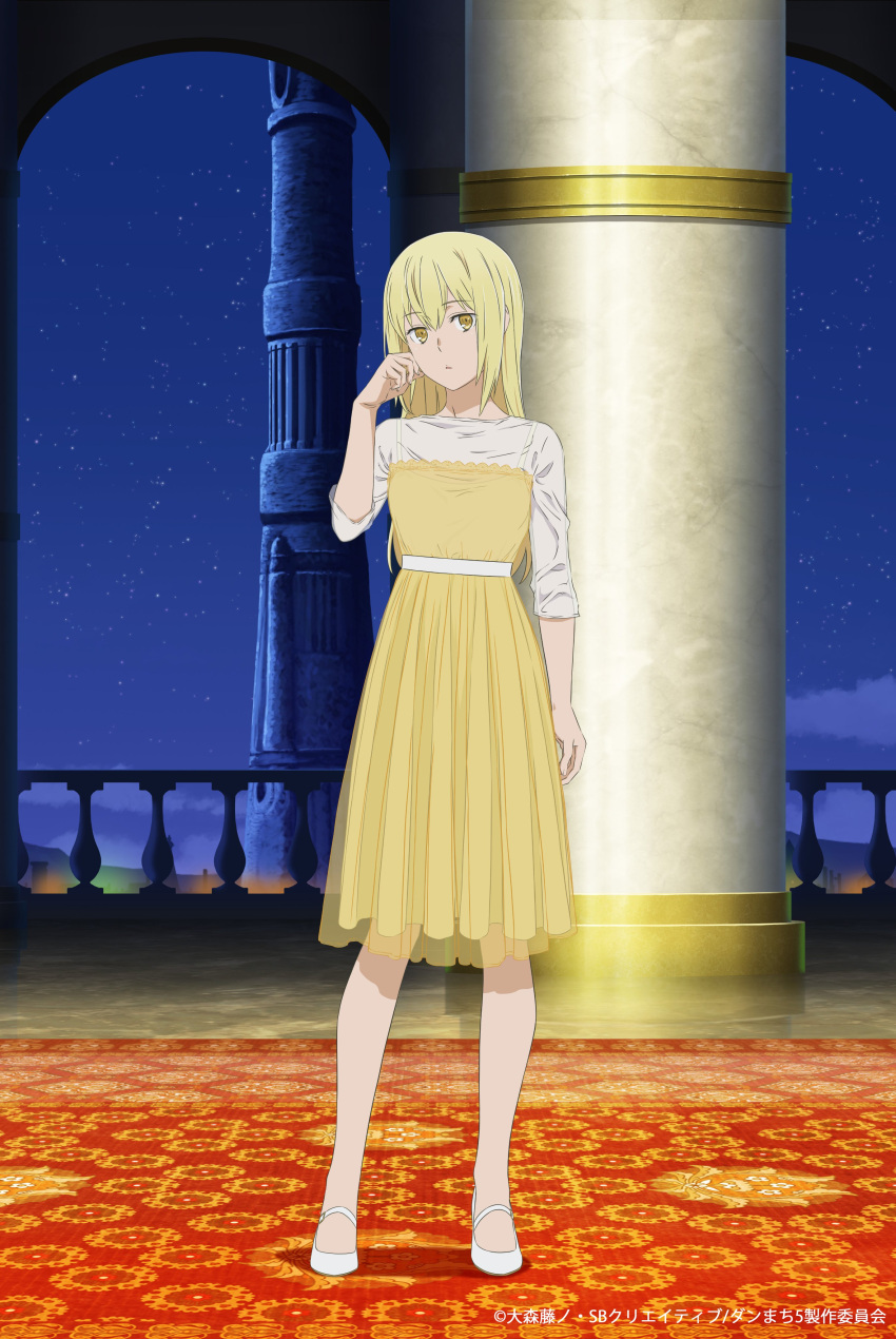 1girl, absurdres, aiz_wallenstein, arm_up, artist_request, blonde_hair, commentary_request, dress