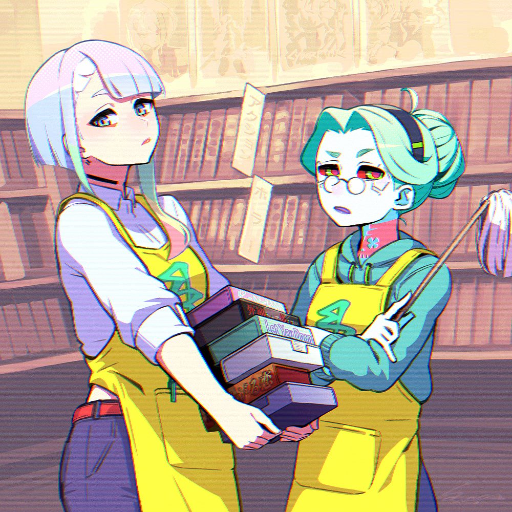 2girls, alternate_universe, blockbuster, cassette_tape, cyberpunk:_edgerunners, cyberpunk_(series), duster, earrings, english_text, glasses, holding, holding_cassette_tape, holding_duster, jewelry, looking_at_viewer, lucy_(cyberpunk), multiple_girls, poster_(object), rebecca_(cyberpunk), sawasa, videocassette