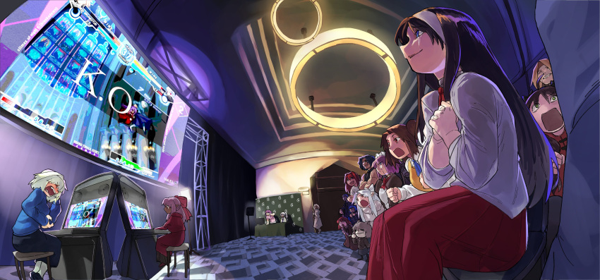 6+boys, 6+girls, absurdres, angry, aozaki_aoko, arcade_cabinet, arcueid_brunestud, arima_miyako, beffen_m, black_hair, blue_bow, blue_hair, blue_skirt, blue_sweater, bow, brown_hair, capelet, cheering, chibi, chibi_only, ciel_(tsukihime), cigarette, coat, crossed_arms, crying, dark_skin, dress, dual_persona, everyone, fighting_game, grey_hair, hair_bow, hair_over_one_eye, highres, holding, holding_cigarette, indoors, kishima_kouma, kohaku_(tsukihime), len_(tsukihime), long_hair, mecha_hisui, melty_blood, michael_roa_valdamjong, multiple_boys, multiple_girls, muscular, muscular_male, neco-arc_chaos, night_of_wallachia, nrvnqsr_chaos, official_alternate_color, pale_skin, pantyhose, pink_hair, playing_games, playing_video_games, ponytail, purple_hair, red_bow, red_capelet, red_dress, red_eyes, red_hair, riesbyfe_stridberg, school_uniform, short_hair, sion_eltnam_(type-moon), sion_eltnam_atlasia, skirt, smile, surprised, sweater, tohno_akiha, tohno_shiki, trench_coat, tsukihime, two_side_up, white_bow, white_hair, white_len_(tsukihime), white_pantyhose, yumizuka_satsuki