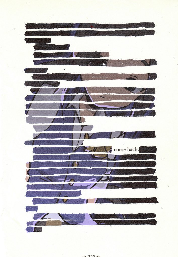 1girl, arms_at_sides, belt, black_background, black_eyes, blackout_poetry, blue_vest, border