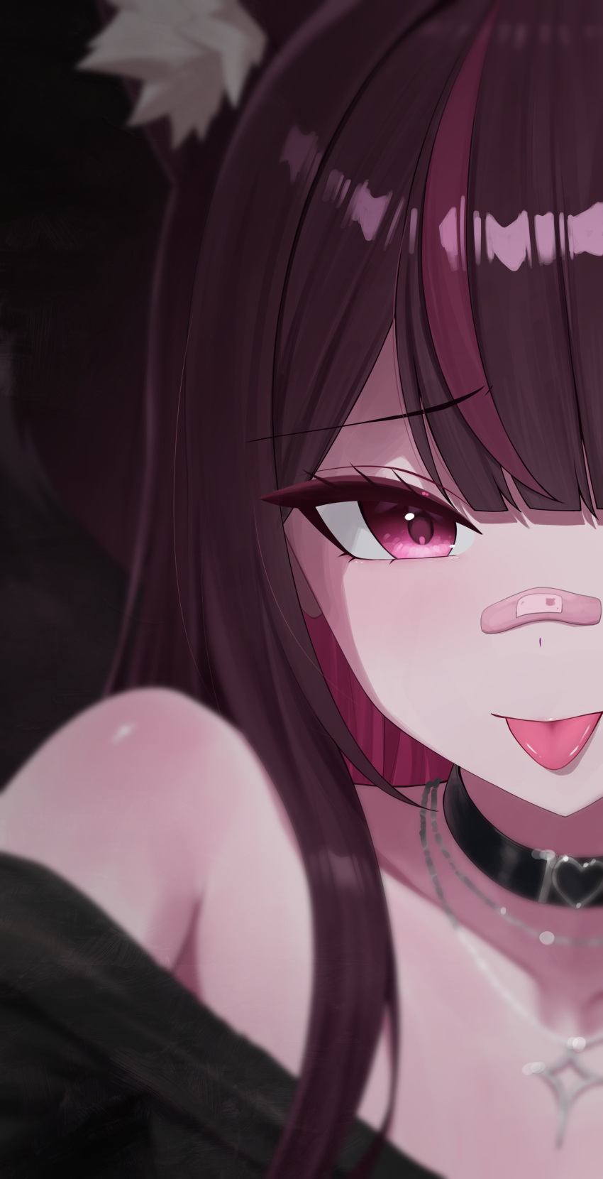 1girl, absurdres, animal_ear_fluff, animal_ears, bandaid, bandaid_on_face, bandaid_on_nose, bare_shoulders