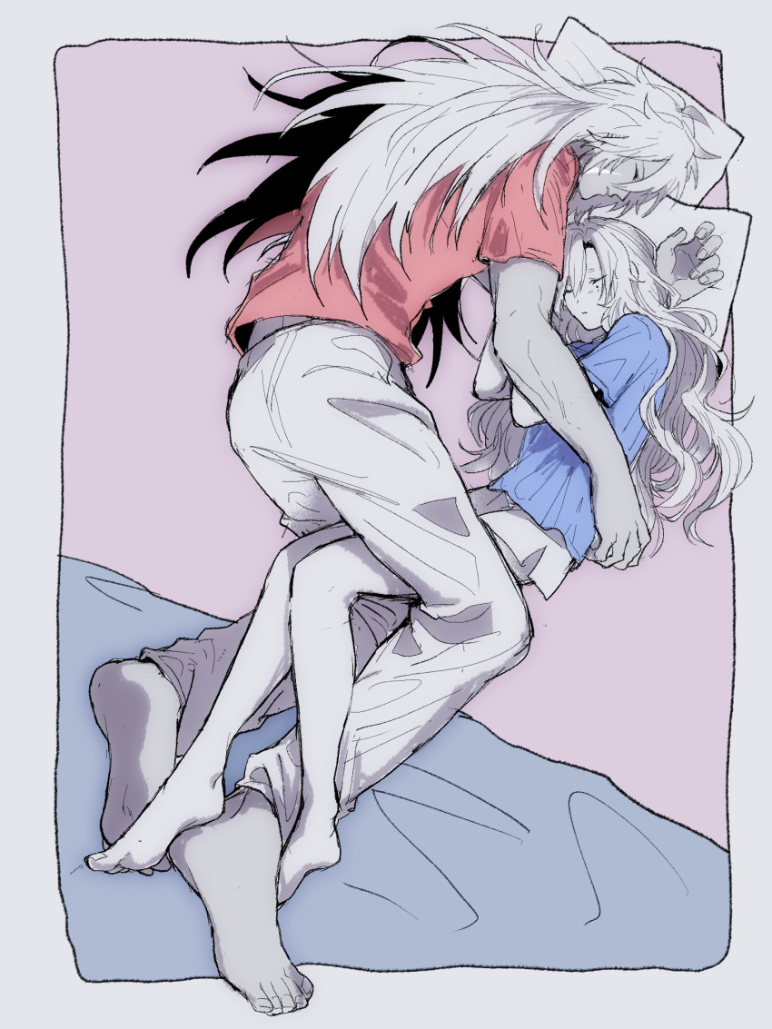 1boy, 1girl, a_nzi_end, barefoot, blue_shirt, border, commentary_request, fate/grand_order