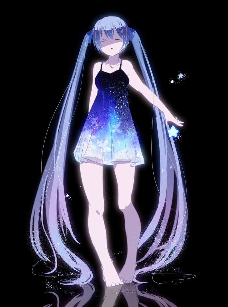 aoi_(nana-c), aoi_nana, bad_id, barefoot, blue_hair, chemise, closed_eyes, eyes_closed, hatsune_miku, long_hair, nanashi_(kari), short_dress, simple_background, solo, star, twintails, very_long_hair, vocaloid