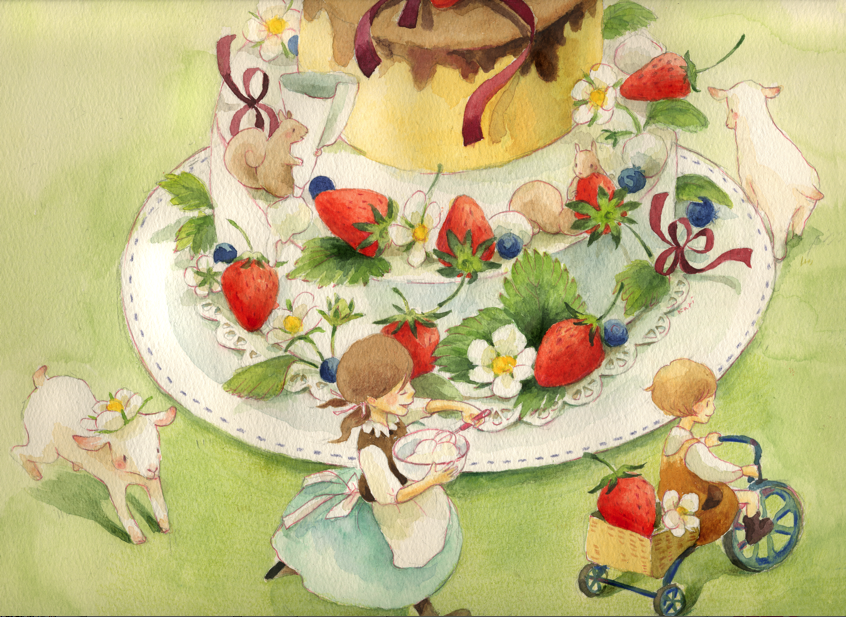 2girls, apron, baby_animal, back_bow, basket, black_boots, black_shirt, blueberry