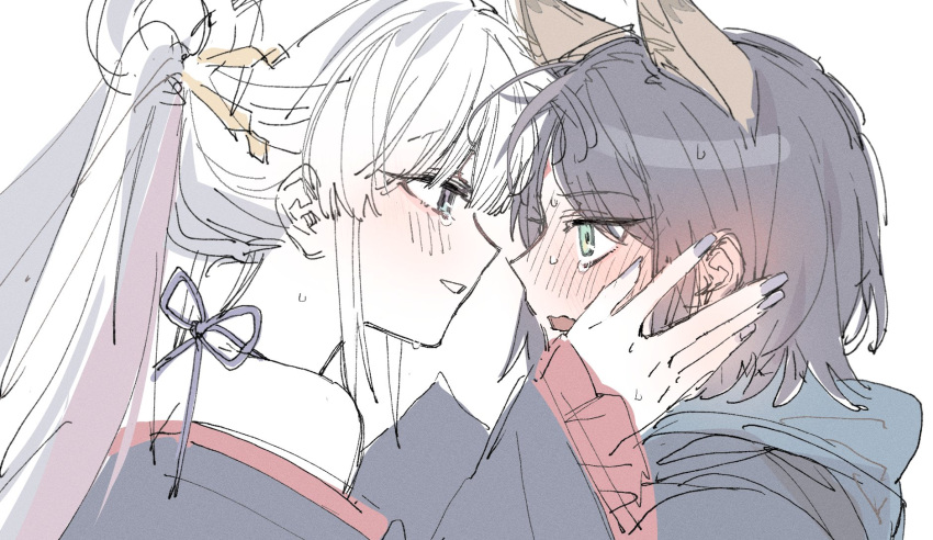 2girls, animal_ears, black_kimono, blush, cho_kaguya-hime!, commentary_request, eye_contact, fox_ears