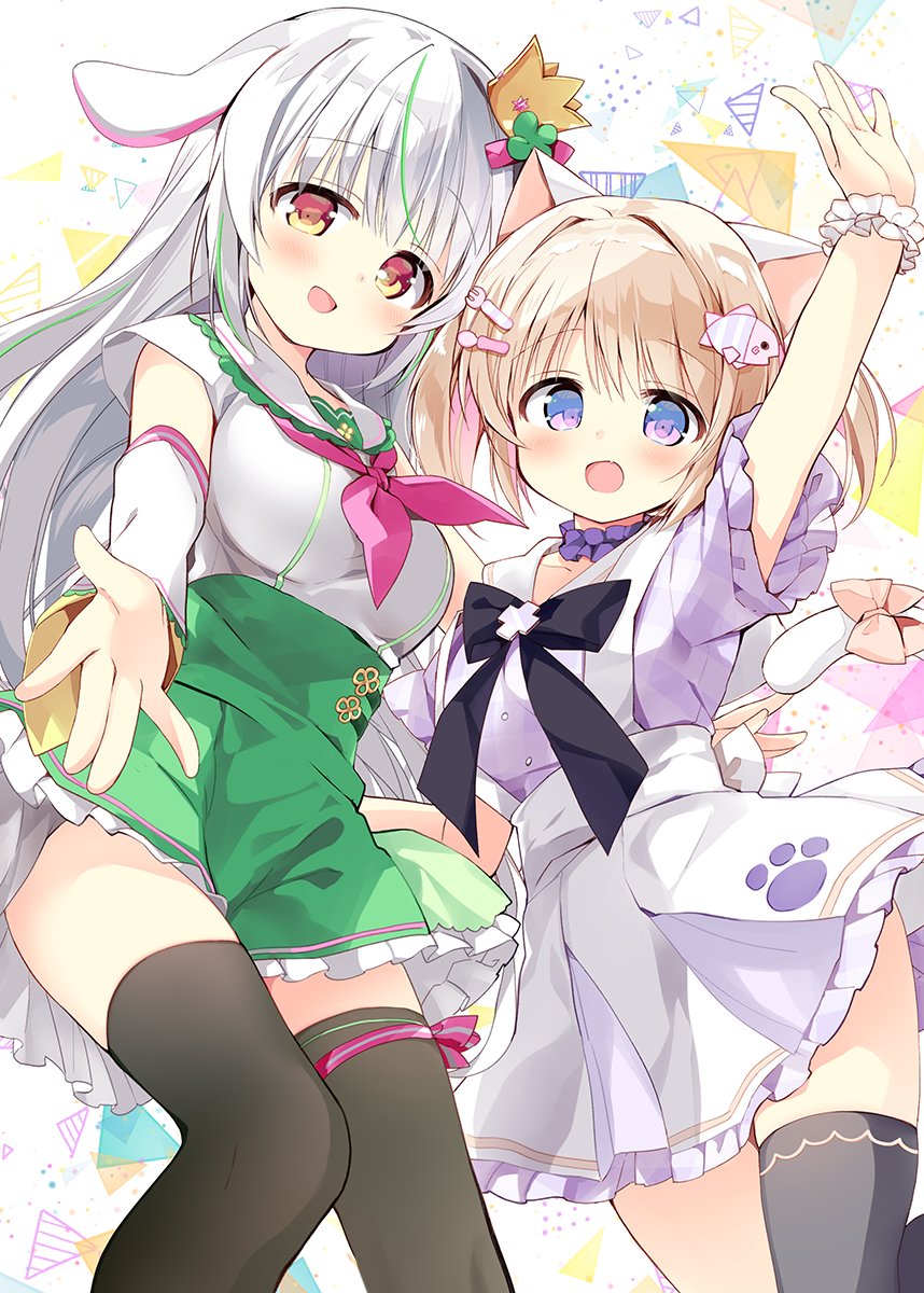 2girls, animal_ears, black_bow, black_bowtie, black_thighhighs, bow, bowtie, breasts