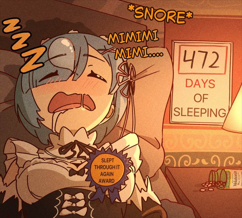 1girl, absurdres, bed, bedroom, black_ribbon, blue_hair, bow, closed_eyes, commentary, detached_sleeves, english_commentary, english_text, fell_for_it_again_(meme), film_grain, hair_over_one_eye, headboard, highres, mayngomay, medal, melatonin, meme, neck_ribbon, nose_bubble, pill_bottle, pillow, pink_ribbon, purple_ribbon, re:zero_kara_hajimeru_isekai_seikatsu, rem_(re:zero), ribbon, roswaal_mansion_maid_uniform, saliva, short_hair, sign, sleeping, solo, white_bow, zzz