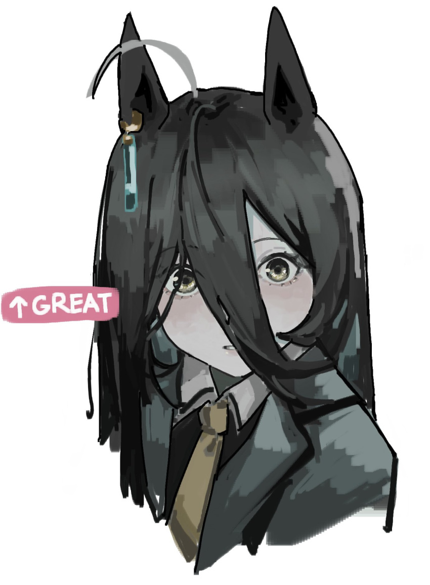 1girl, ahoge, animal_ears, black_coat, black_hair, black_shirt, coat, collared_shirt