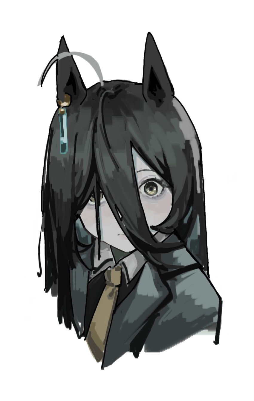 1girl, ahoge, animal_ears, black_coat, black_hair, black_shirt, closed_mouth, coat
