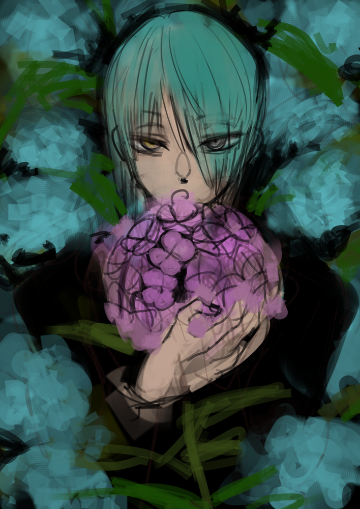 1boy, 2n5, aqua_eyes, aqua_flower, commentary, flower, hand_up, iriya-kun
