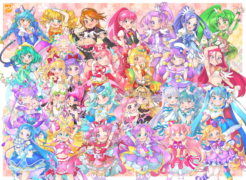 6+girls, akechi_anna, animal_ears, blonde_hair, blue_bow, blue_eyes, blue_hair, bouquet