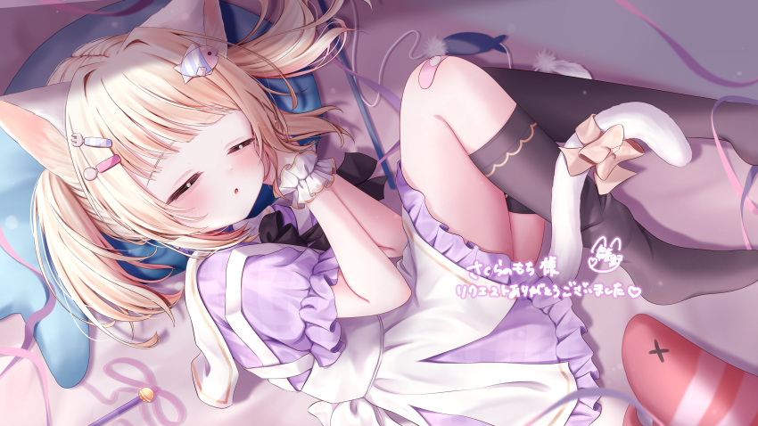 1girl, absurdres, animal_ears, asymmetrical_legwear, bandaid, bandaid_on_knee, bandaid_on_leg, bed