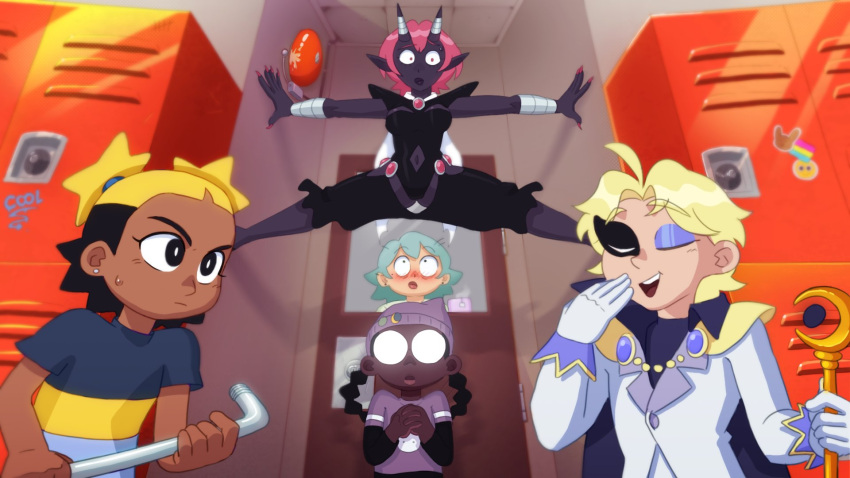 1boy, 4girls, aika_(kiana_mai), aqua_hair, beanie, bell, black_cape, black_hair, blonde_hair, blush, cape, closed_eyes, coat, dark-skinned_female, dark_skin, deltarune, demon_horns, dominickvdhoff, double_bun, eclipse_(kiana_mai), english_commentary, gauntlets, glasses, hair_bun, hat, highres, holding, holding_lead_pipe, holding_staff, horns, i_don't_want_to_be_a_magical_girl, lady_devoid, layered_sleeves, lead_pipe, locker, long_hair, long_sleeves, multiple_girls, opaque_glasses, open_mouth, scene_reference, school_bell, short_hair, short_over_long_sleeves, short_sleeves, staff, star-shaped_hair, star_hair_bun, sweatdrop, teeth, upper_teeth_only, utdr_(toby_fox), white_coat, wide-eyed, yuri, zira_(kiana_mai)