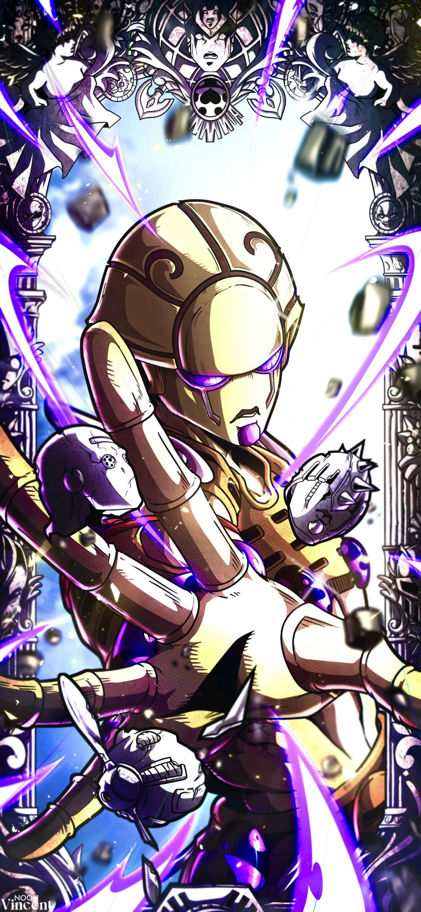 2boys, 6+others, absurdres, aerosmith_(stand), arrow_(jojo), cupid, debris, energy