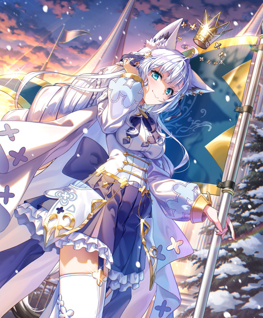 1girl, adjusting_hair, ahoge, animal_ear_fluff, animal_ears, blue_skirt, blush, boots