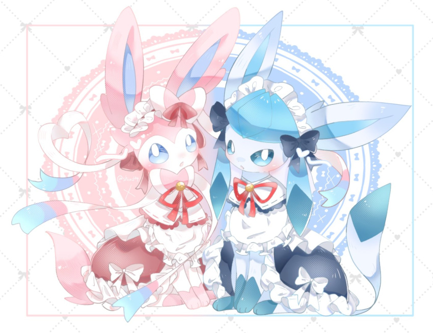 blue_eyes, bow, clothed_pokemon, commentary_request, dress, frilled_dress, frills, glaceon