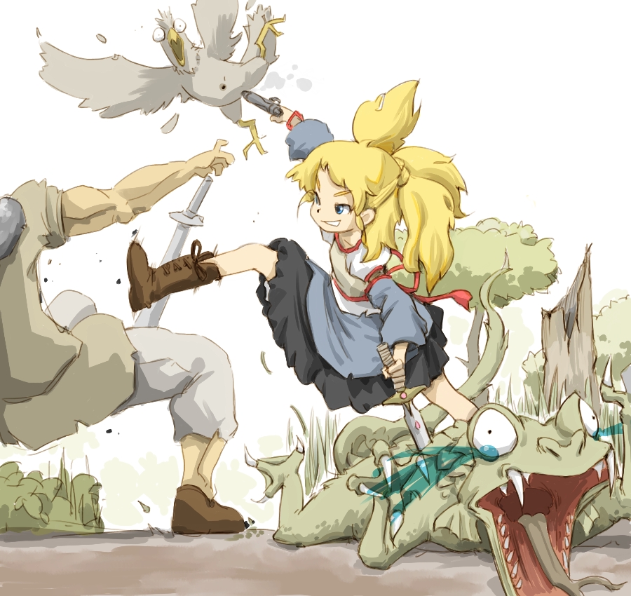 bird, blonde_hair, blue-eyes, blue_eyes, boots, copyright_request, fangs, firing, gun, kicking, ohyo, open_mouth, skirt, stabbing, sword, tears, weapon