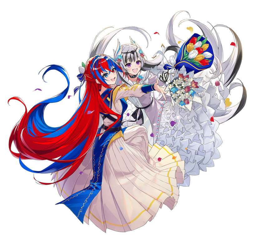 2girls, black_collar, black_hair, blue_dress, blue_eyes, blue_hair, blush, bouquet