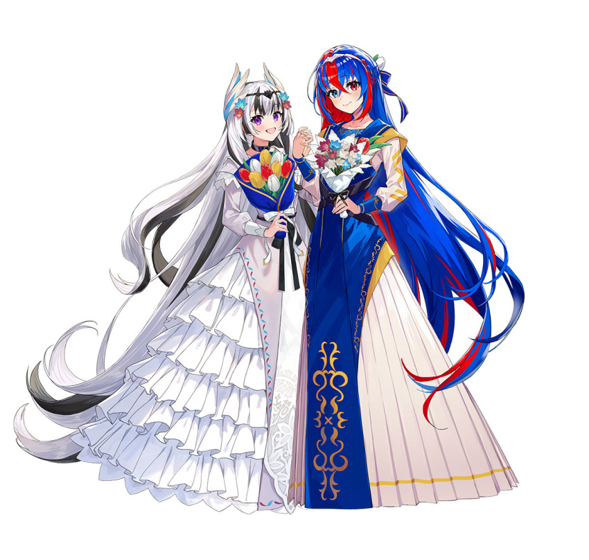 2girls, black_collar, black_hair, blue_dress, blue_eyes, blue_hair, blush, bouquet
