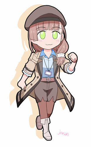 1girl, artist_name, beret, blunt_bangs, boots, brown_hair, chibi, closed_mouth