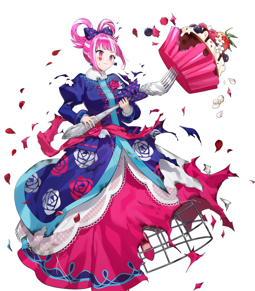 1girl, blue_dress, blunt_bangs, blush, bouquet, bow, breasts, closed_mouth