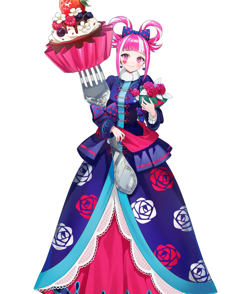 1girl, blue_dress, blunt_bangs, blush, bouquet, bow, breasts, closed_mouth