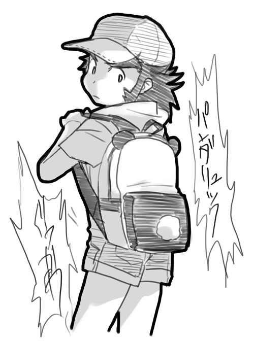 1boy, aged_down, alternate_costume, animal_bag, backpack, bag, baseball_cap, black_outline, child, denim, denim_shorts, greyscale, hat, hatching_(texture), hood, hoodie, linear_hatching, looking_back, male_focus, monochrome, osu!_banchou, outline, panda, short_sleeves, shorts, sketch, solo, sugo6969, todoroki_kongou