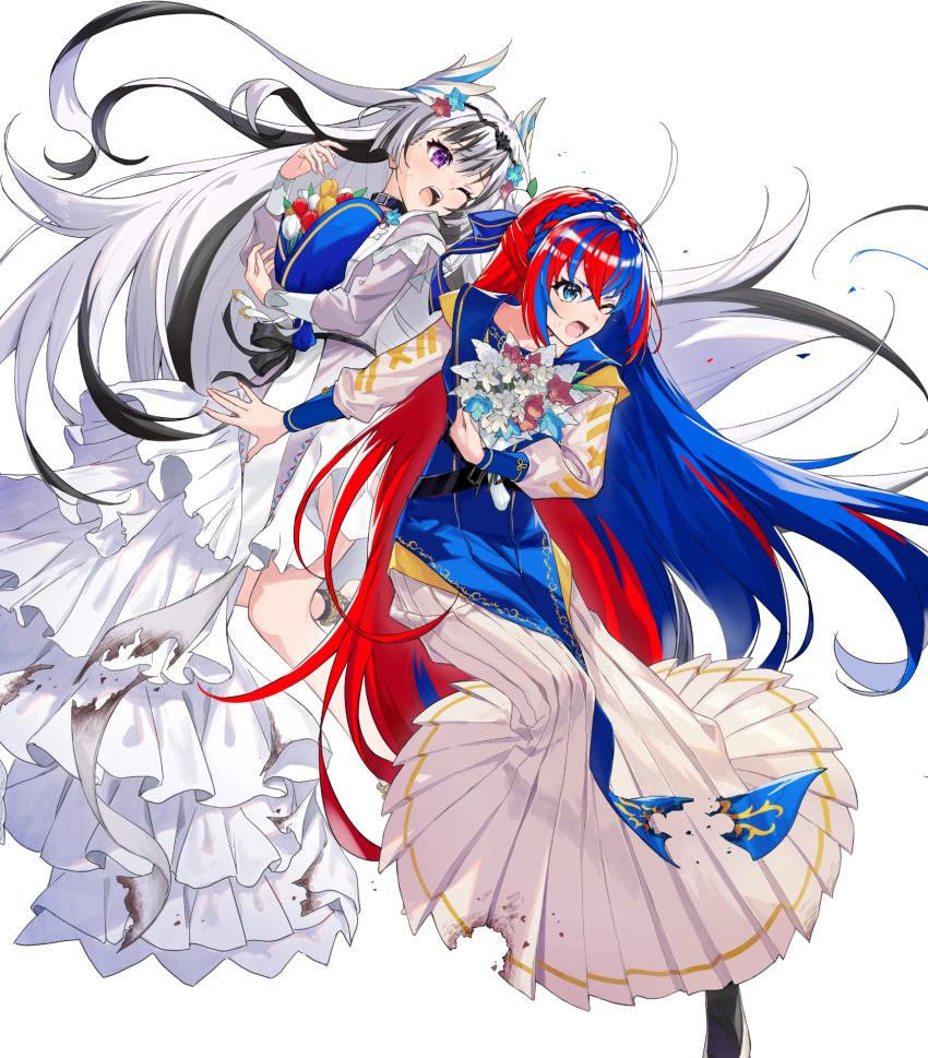 2girls, black_collar, black_hair, blue_dress, blue_eyes, blue_hair, blush, bouquet