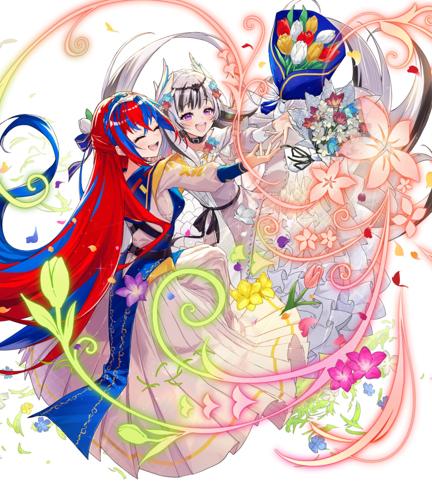 2girls, attack, black_collar, black_hair, blue_dress, blue_eyes, blue_hair, blush