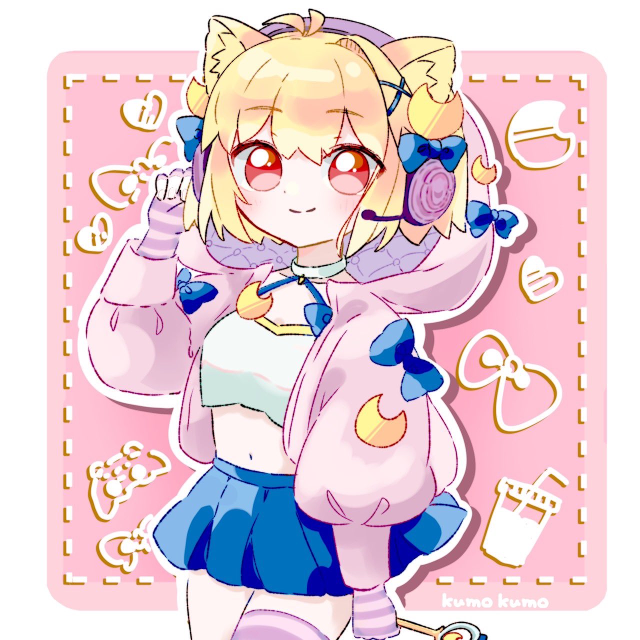 ahoge, animal_ear_fluff, animal_ears, arcueid_brunestud, aya_kumokumo, blonde_hair, blue_bow, blush, bow, cat_ears, cat_girl, crescent, crescent_hair_ornament, crescent_pin, crop_top, fate/grand_order, fate_(series), fingerless_gloves, gloves, hair_intakes, hair_ornament, headphones, highres, hood, hoodie, looking_at_viewer, midriff, open_clothes, open_hoodie, phantas-moon, phantas-moon_(second_ascension), phantasm_rod, pink_background, pink_gloves, pink_hoodie, pink_thighhighs, red_eyes, shirt, sidelocks, smile, thigh-highs, wand, white_shirt
