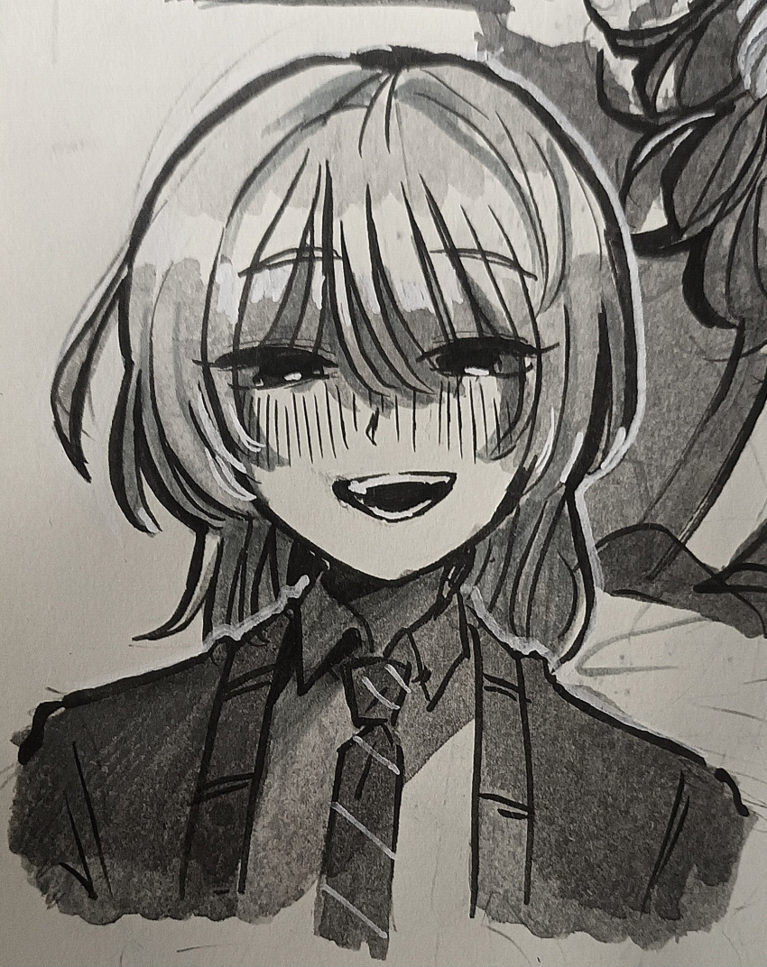 1boy, blush, cardigan, collared_shirt, commentary, diagonal-striped_clothes, diagonal-striped_necktie, english_commentary
