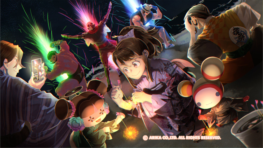 2girls, 6+boys, arika, black_hair, character_request, closed_mouth, dark-skinned_male, dark_skin