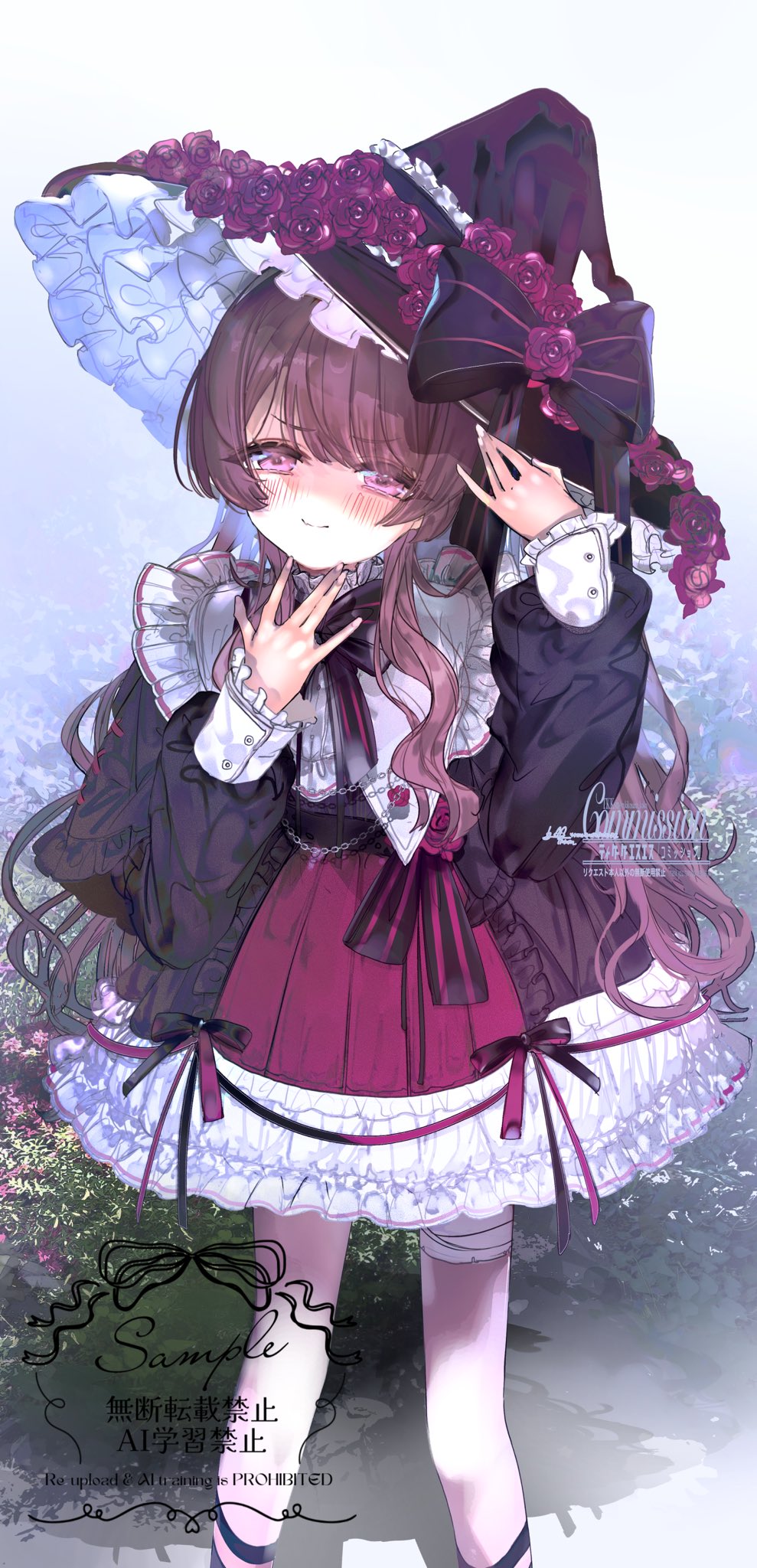 1girl, amam_fuka_(vtuber), bandage_on_thigh, bib_collar, black_bow, black_dress, black_hat, black_ribbon