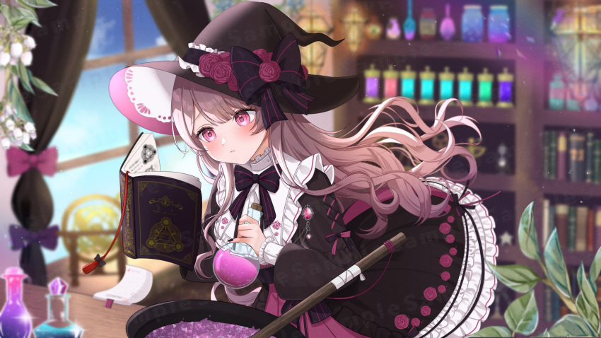 1girl, amam_fuka_(vtuber), bib_collar, black_bow, black_dress, black_hat, black_ribbon, blurry