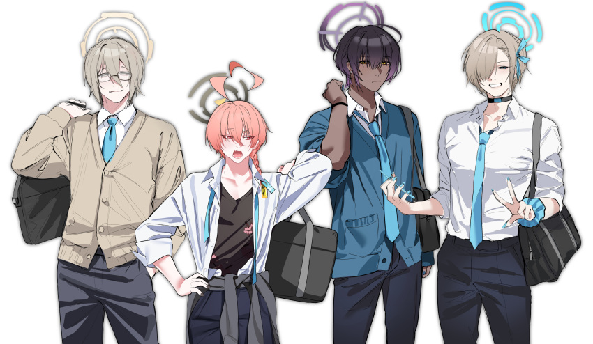 4boys, absurdres, ahoge, akane_(blue_archive), akane_(school_uniform)_(blue_archive), arm_up, asuna_(blue_archive), asuna_(school_uniform)_(blue_archive)