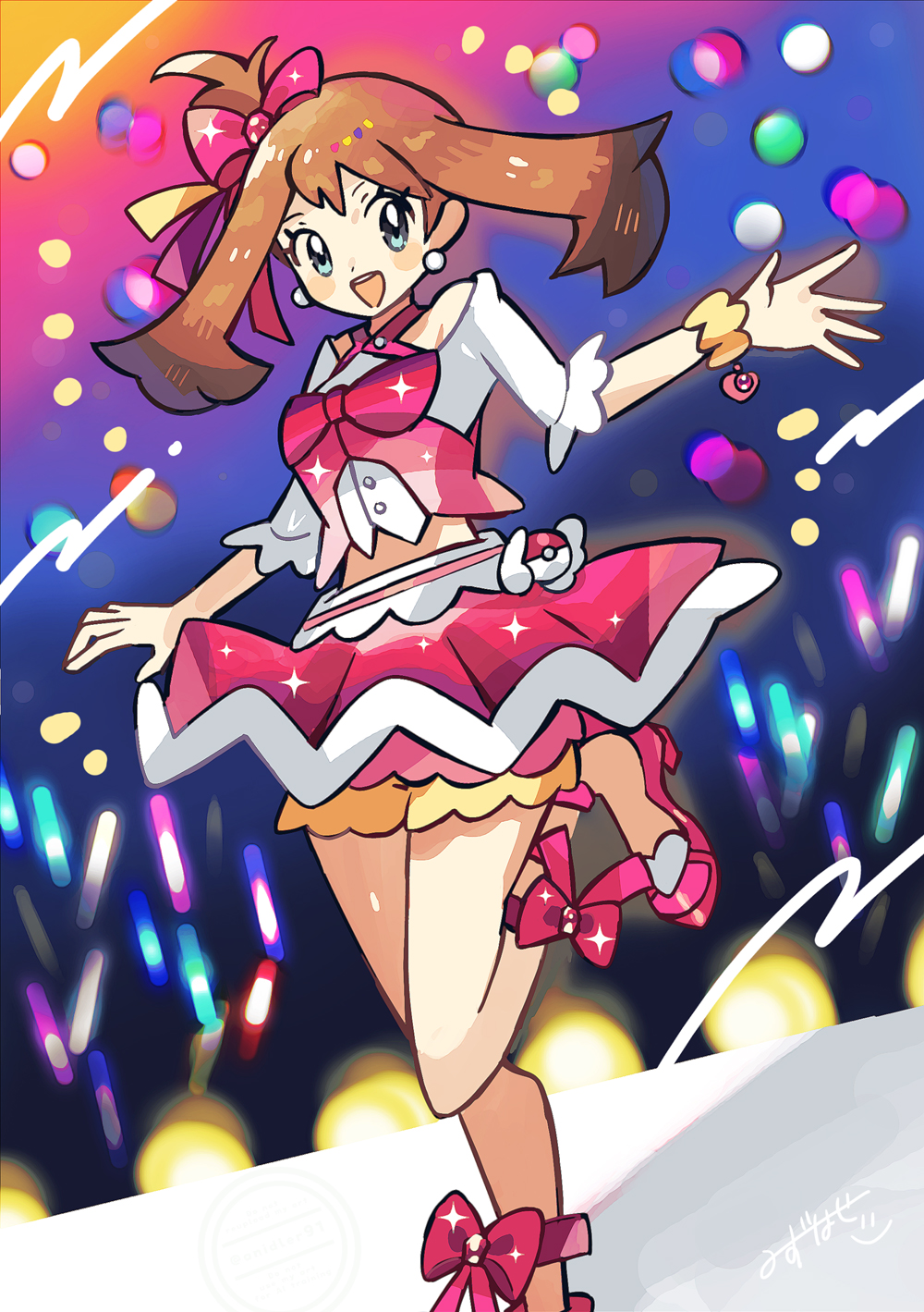 1girl, :d, anidler91, bow, brown_hair, commentary_request, earrings, grey_eyes, hair_bow, high_heels, highres, jewelry, leg_up, looking_at_viewer, may_(contest)_(pokemon), may_(pokemon), midriff, official_alternate_costume, open_mouth, pink_bow, pink_shoes, pink_skirt, pokemon, pokemon_oras, shirt, shoes, short_hair, showgirl_skirt, skirt, smile, solo, standing, standing_on_one_leg, stud_earrings, teeth, three-quarter_sleeves, upper_teeth_only