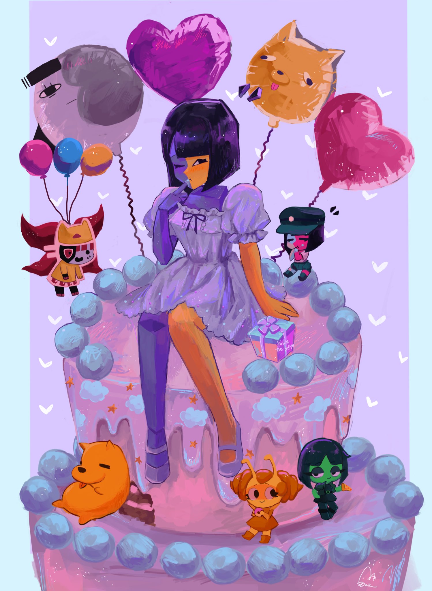 5girls, black_eyes, black_hair, blue_skin, blunt_bangs, blunt_ends, cake, chibi