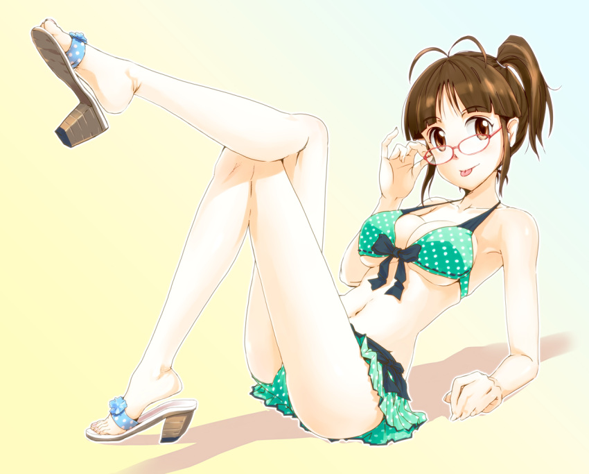:p, adjusting_glasses, aidama_(td1143), akizuki_ritsuko, alternate_hairstyle, antenna_hair, arm_support, bikini, bikini_skirt, bow, breasts, brown_eyes, brown_hair, cleavage, crossed_legs, front-tie_top, glasses, halterneck, idolmaster, legs_crossed, midriff, navel, polka_dot, polka_dot_bikini, polka_dot_swimsuit, sandals, side_ponytail, sitting, solo, swimsuit, tongue, under_boob, underboob