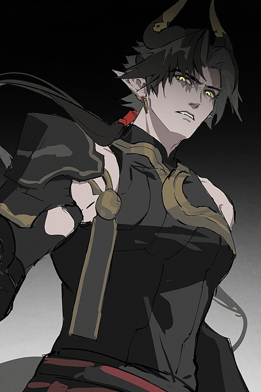 1boy, aicer, annoyed, arknights, arm_tattoo, black_hair, black_shirt, chinese_commentary